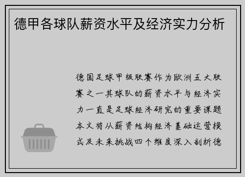 德甲各球队薪资水平及经济实力分析